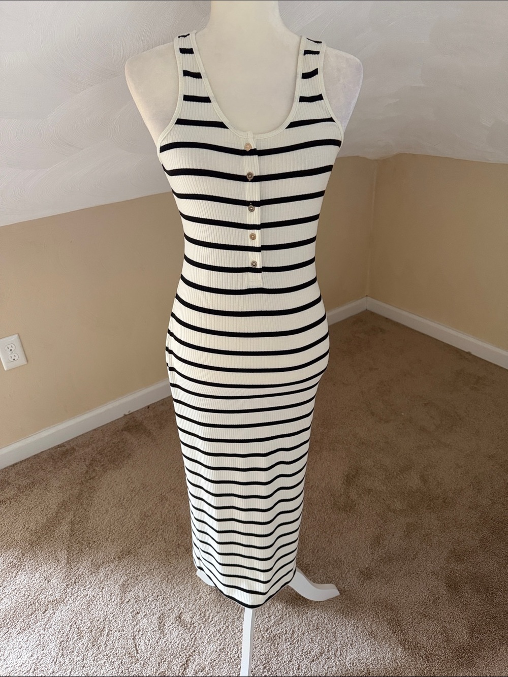 H&M Black & White Striped Ribbed Tank Midi Dress